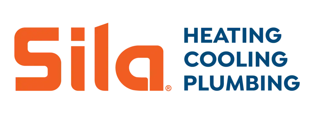 Logo for Sila with the words "Heating, Cooling, Plumbing" in blue text next to the company name in orange.