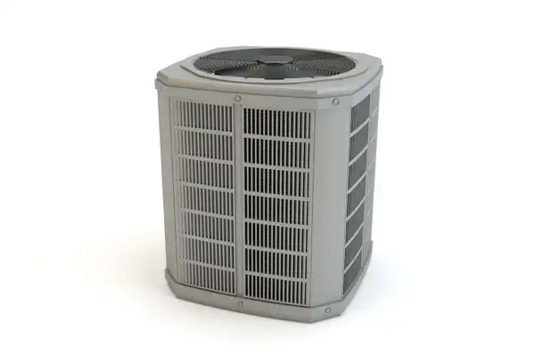 A gray, rectangular outdoor air conditioning unit with vented sides and a large fan on top, often seen after air conditioning repair, placed against a white background.