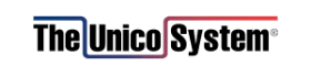 Logo for "The Unico System" featuring a blue-to-red gradient line integrated into the text.