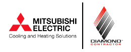 About us: Featuring the Mitsubishi Electric Cooling and Heating Solutions logo on the left and the Diamond Contractor logo on the right, both in black, red, and white.