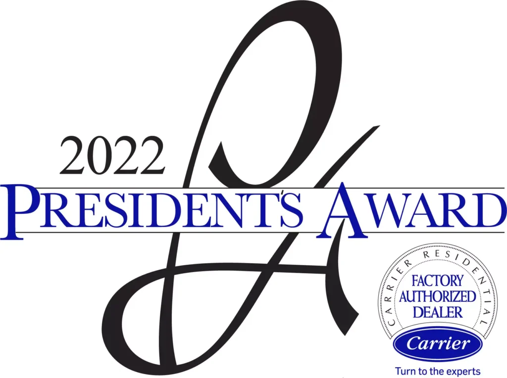 2022 President's Award logo featuring a large decorative "P" and a circular Carrier Factory Authorized Dealer emblem in the bottom right corner—learn more about us and our commitment to excellence.