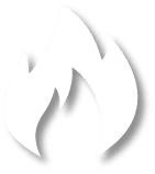 A simple white flame icon with three stylized shapes on a black background.