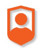 An orange shield icon with a simplified person silhouette in the center on a black background.