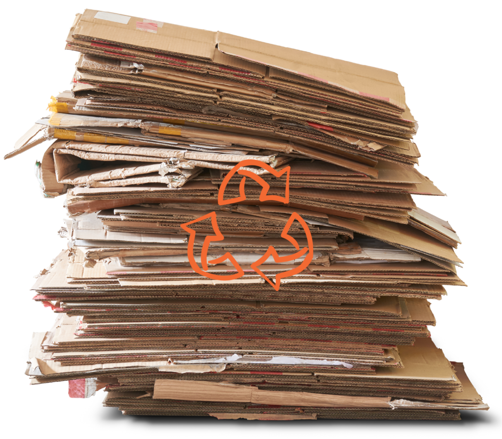 A large stack of flattened cardboard boxes with an orange recycling symbol on top, representing cardboard recycling—discover more about us and our commitment to sustainability.