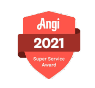 Red badge displaying "Angi 2021 Super Service Award" in white and orange text with a brown ribbon across the center.
