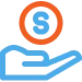An icon of a blue hand holding an orange coin with a dollar sign in the center, illustrating 24/7 emergency service for receiving or giving money.