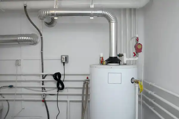 A white water heater is installed in a utility room in Beltsville, MD, surrounded by pipes, ductwork, furnace installation equipment, and utility controls on the white-painted walls.