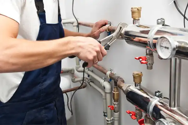 A person in work overalls uses a wrench to tighten a pipe fitting on a metal plumbing system with gauges and valves during heating maintenance in Beltsville MD.