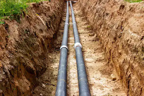 Two large black pipes laid parallel in a dug trench, surrounded by dirt and grass on each side, showcase sewer line installation in Beltsville, MD.