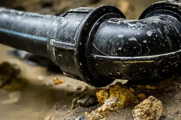 A close-up view of a black plastic pipe joint with a 90-degree elbow, partially covered in dirt, lying on muddy ground during a sewer line repair in Beltsville, MD.