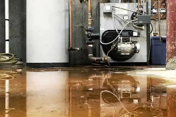 A basement in Beltsville MD with standing water on the floor near a white water heater and various pipes, indicating a leak or flooding issue that may require sump pump repair.