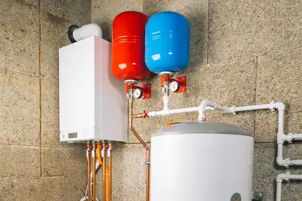 Wall-mounted boiler system with red and blue expansion tanks, copper pipes, and a large white water heater—ideal for professional Water Heater Installation in Beltsville MD’s utility rooms.