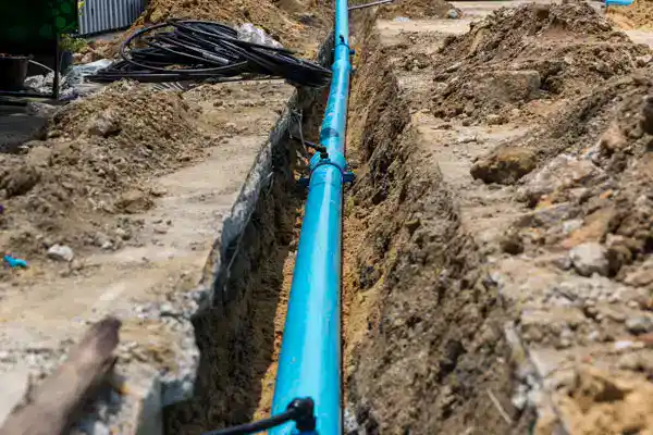 A blue water pipe is installed in a trench at a construction site in Beltsville MD, showcasing the process of water line installation amid dirt and construction materials.