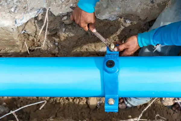 A person performs water line repair in Beltsville, MD, using a wrench to tighten bolts on a blue water pipe secured in a trench of soil.