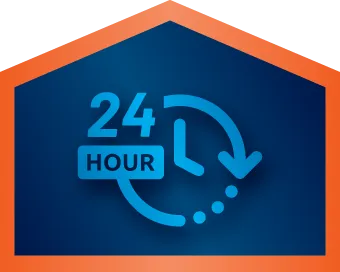 A blue clock icon with "24 Hour" text, encircled by an arrow, is displayed inside an orange-edged house-shaped frame on a dark blue background.