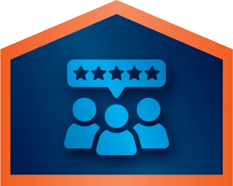 Three blue human icons under a five-star rating speech bubble, all inside an orange-outlined house shape on a dark blue background.