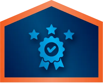 A blue award ribbon with a check mark and three stars above it, set against a dark blue background within an orange-bordered pentagon shape.