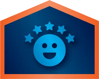 Blue smiling face icon with five stars above it on a dark blue background, bordered by an orange pentagon.