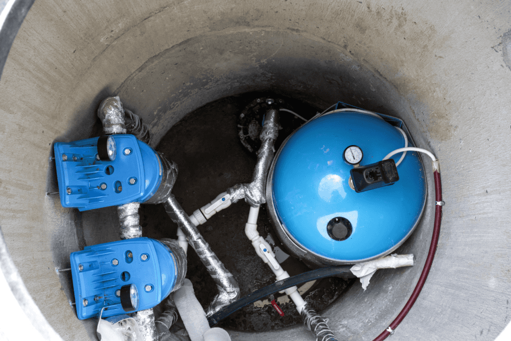 A concrete well contains a blue pressure tank, gauge, pipes, and two blue water pump controllers with foil insulation wrapping on some pipes.