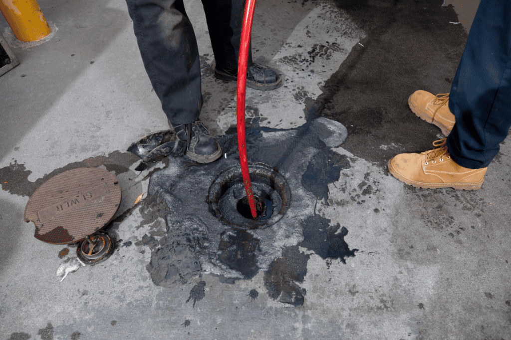 Two people stand by an open manhole as a red hose, used for hydro jetting, is inserted into the drain; water and grime are visible on the concrete surface around the opening—a reminder that professional hydro jetting can be an effective solution, though it’s important to consider the overall price when planning this essential maintenance.