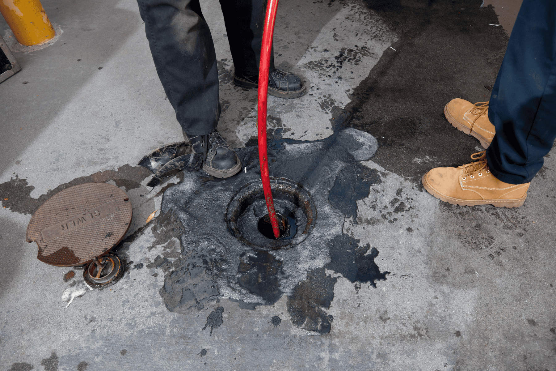 Two people stand by an open manhole as a red hose, used for hydro jetting, is inserted into the drain; water and grime are visible on the concrete surface around the opening—a reminder that professional hydro jetting can be an effective solution, though it’s important to consider the overall price when planning this essential maintenance.