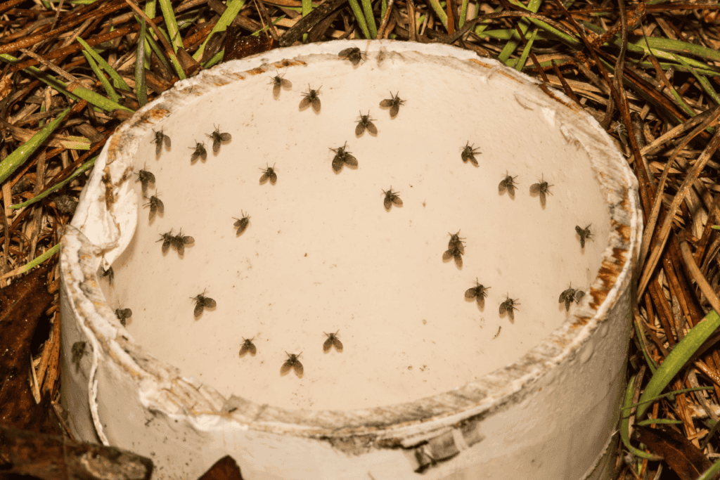 A white cylindrical container with several drain flies inside, surrounded by grass and plant debris—a visual example often seen when practicing effective drain fly control.