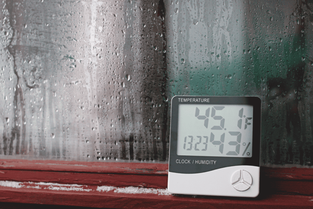 Digital thermometer on a windowsill against a wet, fogged window showing 45.1 degrees Fahrenheit, 43 percent humidity, and 1:23, helping monitor the home humidity level.